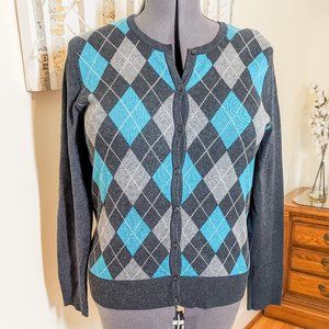 ~*Croft & Barrow Teal Gray Argyle Cardigan Sweater - Size L*~